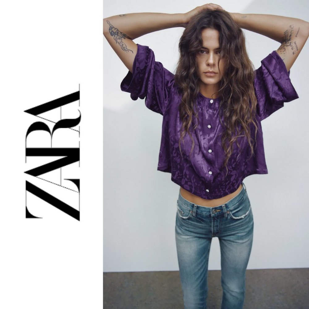 NWT ZARA Purple Jacquard Long Sleeve Blouse - Medium